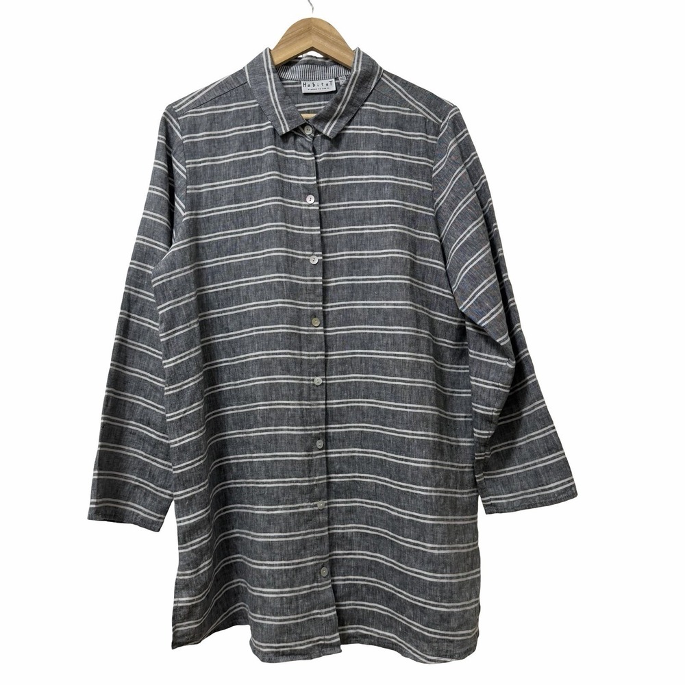 Habitat Womens 100% Linen Button Up Stripe Tunic Top Size L Gray Lagenlook Beach